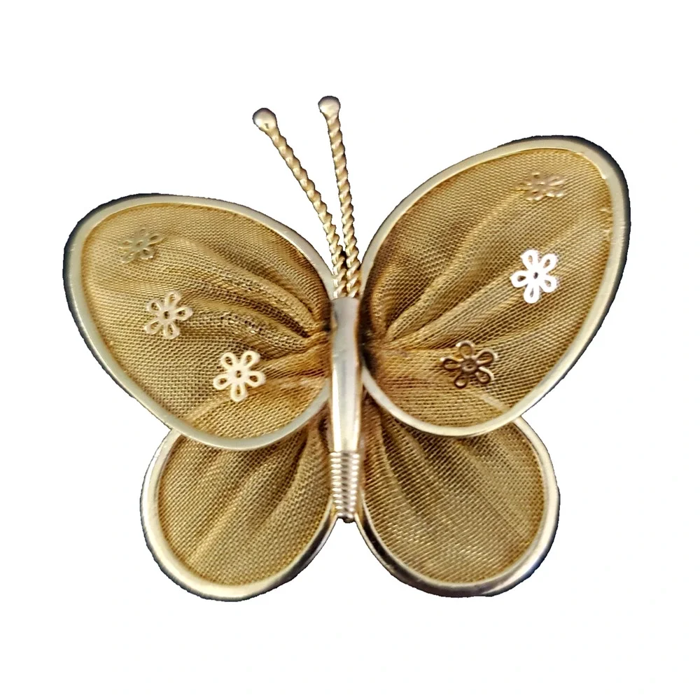 Vintage Gold-Tone Metal Mesh Brooch Pin Butterfly Flowers Design Handmade